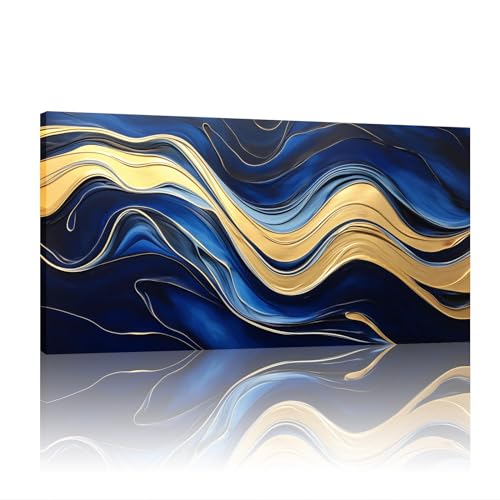 Tableau abstrait bleu et or pour décoration murale de salon moderne