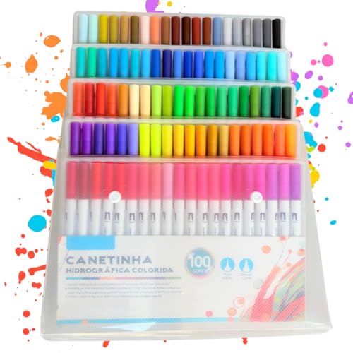 Canetinha Ponta Dupla para Colorir Kit Estojo de Canetas Escolar Marcador Coloridas Permanente Duas Pontas Desenho Ponta Fina (100)