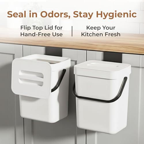 Image of HomeEssentials 3L Hanging Kitchen Trash Can with Lid, Dual-Opening Design, Mounts on Cabinet Door or Wall, Compact Waste Bin, White Space-Saving Smart for Kitchen, Bathroom & Office