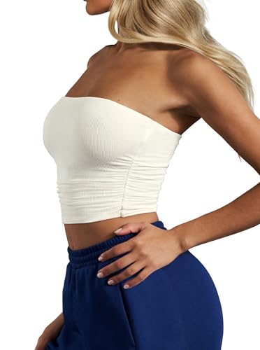 CSDAJIO Women's Casual Ruched Side Strapless Crop Tube Top Ribbed Knit Bandeau Top Summer Skinny Shirt3