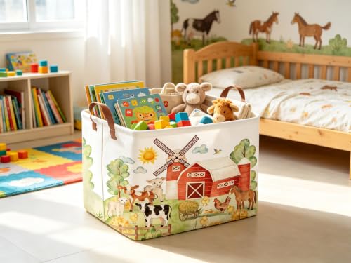 Image of FXOLCSHE Farm Basket,Nursery Hamper,Waterproof folding laundry basket,Horse Gift Baskets,Baby Laundry Hamper,Kids Room decor(Farm)