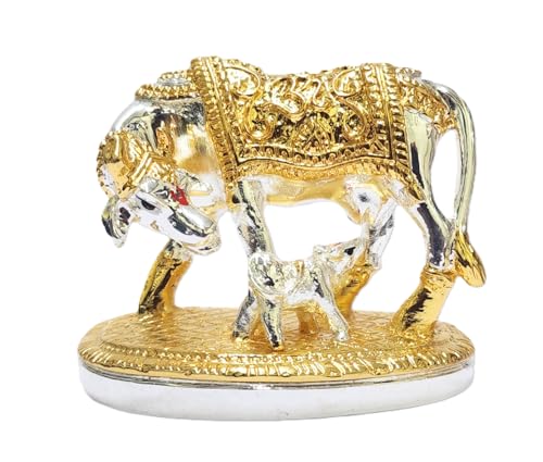 Om Kamdhenu cow con ternero dorado y plateado 2.2 pulg miniatura 7