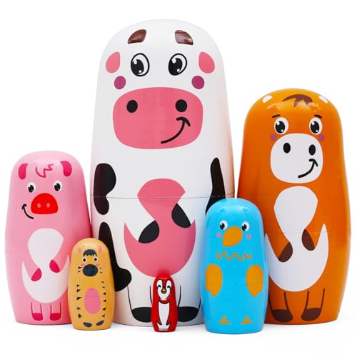 NEPOG Farm Animal Nesting Dolls, Cute Cow Cattle Pig Chick Horse Bird Wooden Russian Doll Set 6 Pieces, Wooden Matryoshka Dolls for Kids Boy Girl Birthday Christmas Home Office Decoration