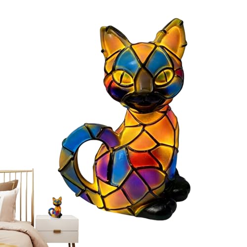 17x10x10 Cm Cat Lamp Stained Glass, LED Table Lamps Retro Cats Stained Tabletop Night Light, Resin Home Decor for Office Apartment Living Room Nightstand Bedroom Nursery Bar Dorm Holiday