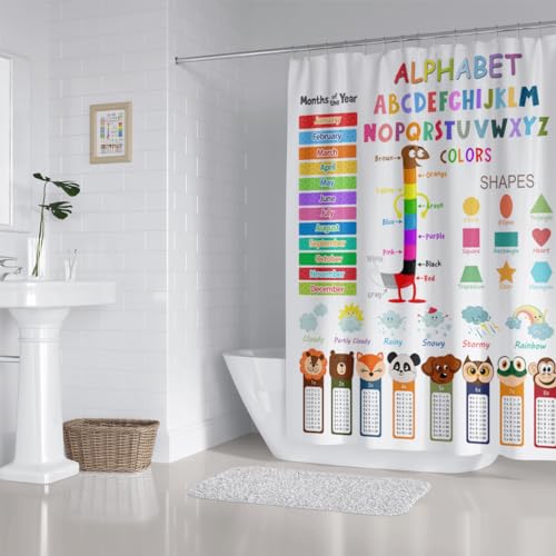 Image of Kids Educational Shower Curtain ABC Learning Tool Funny Cartoon Animals Colors Shapes Weathers Multiplication Table Girls Boys Colorful Decor Waterproof Fabric 72Lx60W Inch with Hooks
