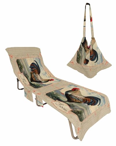 Farm Rooster Beach Lounge Chair Towel Cover, Soft Chaise Lounge Towel with Side Pockets Patio Pool Chairs Cover for Beach/Pool Sunbathing 29x85 Farmhouse Vintage Animal