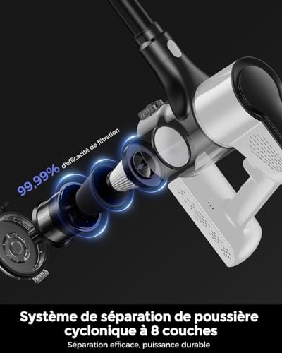 VACTechPro F02 Lite Aspirateur Balai sans Fil, 550 W/50 Min/50 KPa, avec Filtration 8 Couches, pour Sols, Tapis et Cheveux, Noir et Blanc