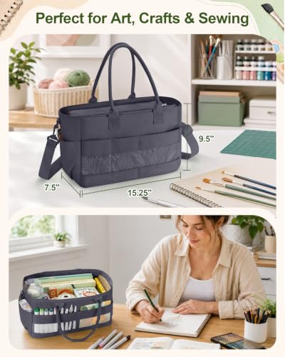 Image of Marscamd Craft Organizer Tote Bag, Art Supply Caddy, Gray | with 11 Exterior Pockets, Zip-Top Closure, Detachable Shoulder Strap, Large Capacity for Art, Crafts & Sewing