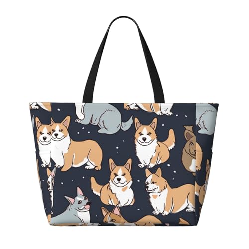 (Corgi Pattern) Large Beach Tote Bag for Women Waterproof Sandproof Travel Shoulder Bag with Pocket for Pool Vacation Weekend Gym2