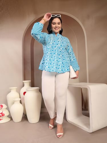 Image of Stylum Women's Plus Size Blue Floral Printed Pure Cotton Top | Plus Size Tops for Women Short Kurti