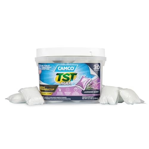 Camco TST MAX RV Toilet Treatment Drop-INs - Control Unwanted Odors and Break Down Waste and Tissue - Septic Tank Safe - Lavender Scent - 30-pack (41553)