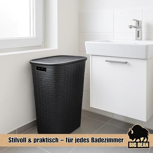 Wäschekorb mit Deckel anthrazit/bräunlich in Rattanoptik XL mit 2 Griffen Wäschetonne Plastik