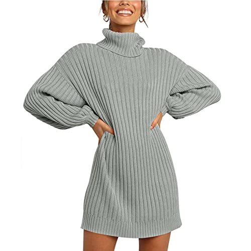 Vestido de Suéter de Manga Larga con Cuello Alto para Mujer, Vestido de Suéter de Punto de Costilla Suelto Informal de Otoño E Invierno(M-Gris Claro) Cover