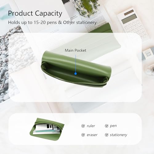 Image of Faux Leather Pen and Pencil Case with Tuck in Flap Stationery Bag for Student Lightweight Design (Faux Leather,Green /FL)