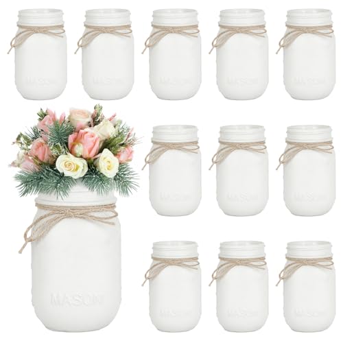 Trxvxo White Mason Jars 16oz 12 Pack 3 x 5 Inch Vintage Glass Vases with Jute Twine for Wedding Centerpieces Bridal & Baby Shower Party Decor
