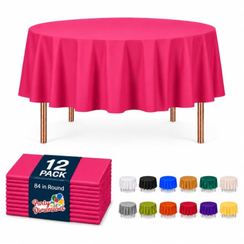 Image of Party Dimensions Pink Disposable Plastic Tablecloth for Round Tables (12 Pack) 84 inches Table Cloths for Parties, Events & Weddings, Indoors & Outdoors, Plastic Table Cover