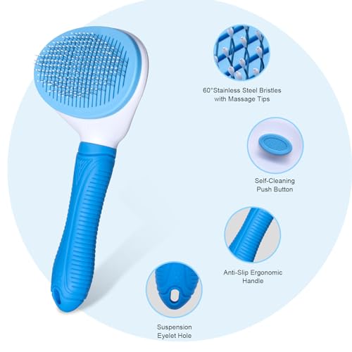 Self Cleaning Slicker Brush for Pet Grooming - Removes Loose Undercoat and Sheds, Suitable for Long and Short Hair Cats and Dogs, with Massaging Bristles
