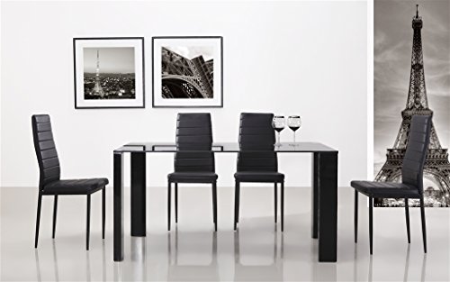 4 Stück schwarze Esszimmerstühle, Küchenstühle mit hochwertigem Kunstlederpolster - 4