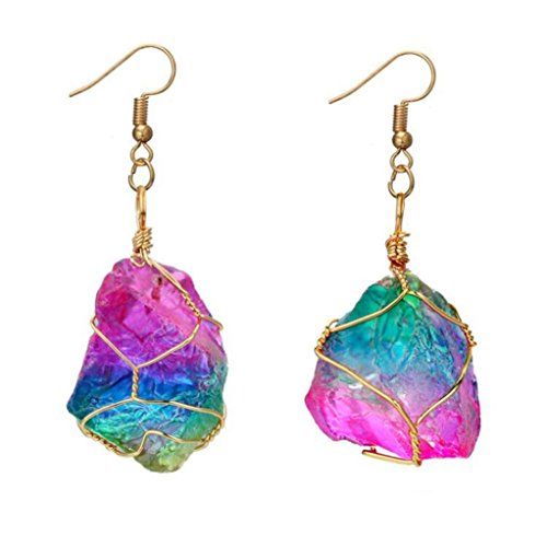 Auwer Natural Rainbow Irregular Stone Crystal Rock Pendant Crystal Gemstone Earring Gold Plated Wire Wrap Quartz Pendant Jewelry Gifts (Multicolor)