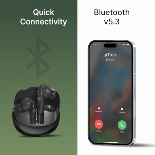Image of pTron Bassbuds Tunes V2 In-Ear TWS Earbuds with Stereo Sound, 40Hrs Playtime, Stereo Calls, Bluetooth V5.3 Headphones with Quick Pairing, Touch Control, Voice Assistant, Type C Charging & IPX5 (Black)