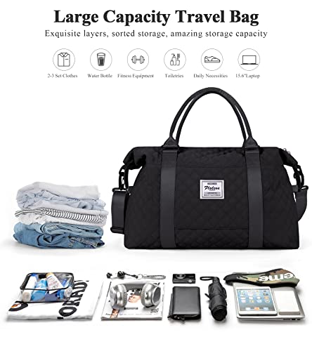 Travel Duffel Bag, Weekender Overnight Bags for Women, Carry On Personal Item Bag with Trolley Sleeve & Wet Pocket,Black - Thumbnail 3