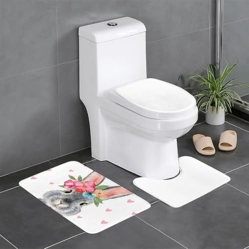 うさぎ 兎 ウサギ 花 ハート トイレマット 3点セット フタカバー 浴室足ふきマット 吸水 速乾 滑り止め 抗菌 防臭 洗える ふわふわ プレゼント 40x60cm