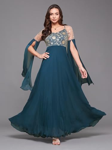 Image of Miss Chase Women's V-Neck Full Sleeve Self Design Lace-Overlaid Georgette Maxi Dress