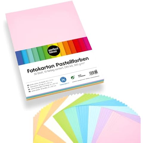 perfect ideaz 50 sheets of A4 coloured pastel photo card, craft paper, dyed through sheets, 10 different light colours, 300g /qm, tinted drawing card for crafts, colourful set of coloured sheets Cover