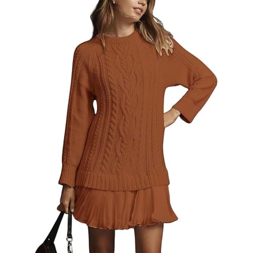 Women Crewneck Cable Knit Sweater Mini Dress, Cable Knit Sweater Pleated Mini Dress, Twofer Style Dress