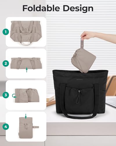 Image of BAGSMART Foldable Tote Bag with Drawstring Bag, Tote Bag Shoulder Bag Top Handle Handbag for Travel, Work, Beach, Gym