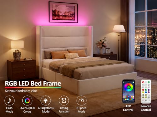 Queen Size Bed Frame with Large Storage Drawer and 55 Tall Wingback Headboard - Image 3