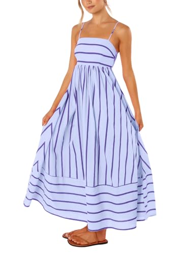 chouyatou Women's Striped Back Smocked Maxi Dress Sexy Spaghetti Strap Cut Out Flowy Swing Long Dress (Medium, Purple)