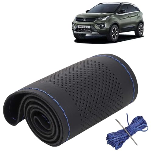 Image of KINGSWAY PU Leatherite Car Steering Cover Sewable Compatible with Tata Nexon (Year 2020-2023), Black Color with Blue Thread, Pack of 1 with Sewing Needle and Thread
