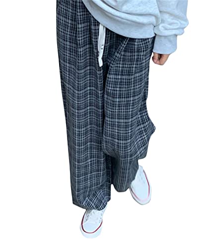 Pantalones de mezclilla holgados a cuadros para mujer, estilo gótico, de cintura alta, estilo grunge, Y2K, con cordón, ropa de calle, Gris, Small