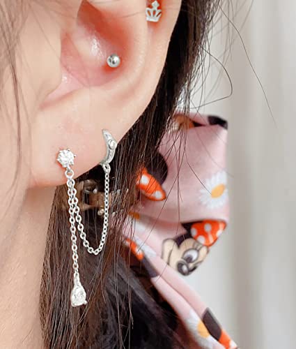 SLUYNZ Sterling Silver Double Piercing Earrings - Huggie Hoops with Chain, Droplet Dangle Design for Women2