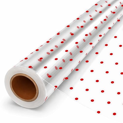 Papel Celofan Transparente 40cm X 30m - 1 Rollo Papel Celofan Con Lunares Rojos, Papel Transparente Para Envolver Regalos, Ramos De Flores, Canastas De Frutas, Repostería Y Navidad Regalos