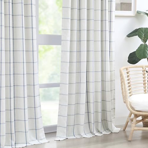 Vision Home Blue Plaid Linen Pinch Pleated Full Blackout Curtains 40x102Lx2 - image 2