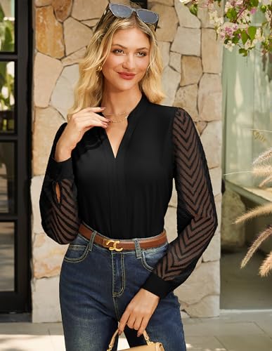 GRACE KARIN Women Business Casual Tops Sheer Lace Long Sleeve Blouses Work Office Pleated V Neck Shirt Fall Formal Outfits4