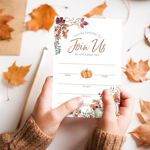 Invitaciones en blanco para Acción de Gracias Whaline con hojas de otoño y diseño rústico 7