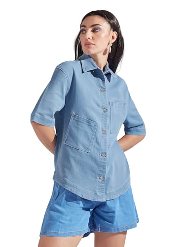Chemise en jean femme manches mi-longues Miss Chase coupe carrée décontractée en denim bleu