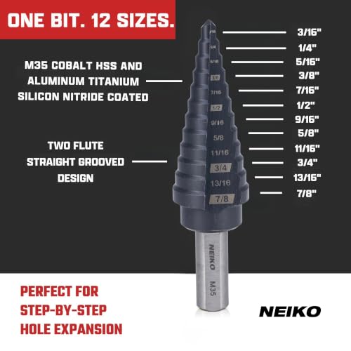Image of NEIKO 10185B Step Drill Bit, 12 Steps 3 /16 inch to 7 /8 inch Straight M35 Cobalt, AlTiSiN Coated, 3 /8 inch Tri-Flat Step Bits for Steel, Metal, Wood, Plastic, Unibit Cone Drill Bits, Two Flute