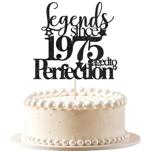 VQOUZVSR Legends since 1975 aged to perfection, decoración de pastel de cumpleaños 50 con purpurina negra, saludos a 50 años, para cumpleaños 50/aniversario de boda, fiesta, pastel de cumpleaños