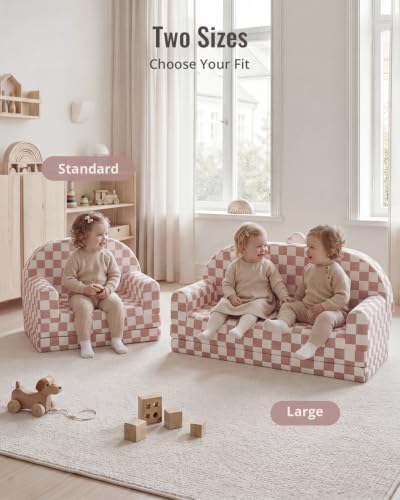 Image of Blissful Diary Foldable Kids Couch, Extra Wide Kids Sofa Chair, Blush Check