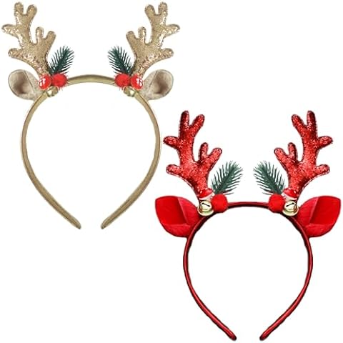 2 Pcs Christmas Reindeer Antlers Headband Deer Antlers Ears Hair Hoops Bands Elk Horns Headpiece Hairband Women Xmas Tree Bells Cosplay Dress Up Halloween Wedding Holiday Birthday Party Accessories Cover