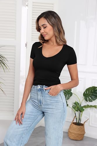 PALINDA V Neck Slim Fitted Shirts for Women Basic Casual Short Sleeve T Shirts Going Out Tops Sexy Y2K Tees3