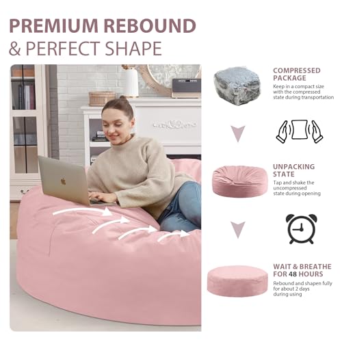 7FT Bean Bag Chair, Large Bean Bag Chairs with Memory Foam Filled, Fluffy Beanbag Sofa with Dutch Velvet Cover, Round BeanBag Chairs for Living Room, Playroom - Light Pink