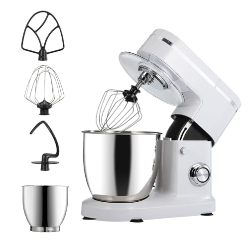 Standing Mixer, 6L Food Mixer, 8-Speed Dough Mixer, 1200W Electric Dough Blender, Kitchen Mixer Grinder Food Blender with Bowl, Hook, Flat Paddle, Lantern Stick, Lid (White) (4)