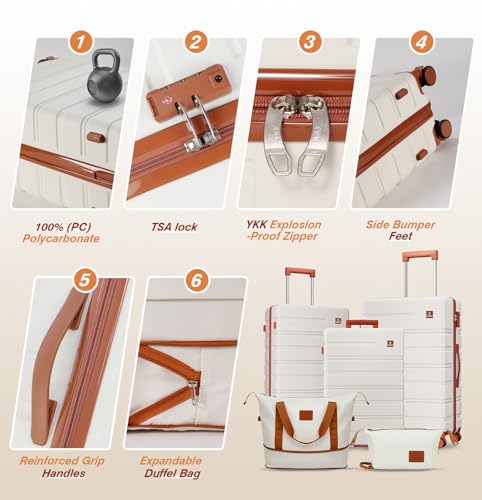 Image of Luggage Sets 5 Piece Polycarbonate Hard Shell Suitcases Airline Approved, Lightweight Luggage with Spinner Sheels TSA Lock, YKK Zippers, Suitable for Family Beige(20 /24 /28 /DB /TB)