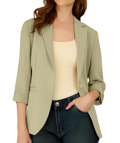 Suit Blazer for Women Open Front Business Work Office Outfit Ruched 3/4 Sleeve Slim Fit Jacket