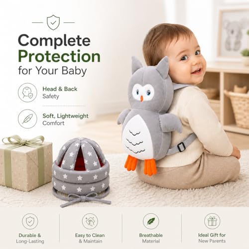 Image of GLUN Baby Back Protector with Head Protective Hat Combo Set, Cute Owl Shape Soft Cushioning, Adjustable Shoulder Belt, Head Protection Gear for 6-18 Month Toddler Kids